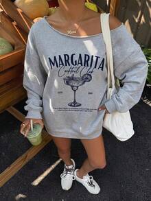 Veykashi Women's Navy Yellow Loose Off-Shoulder Casual 90s Long Sleeve Sweatshirt - Vacation Cocktail Pattern, Vintage Casual Style, Perfect For Holiday Winter - Light Grey - View 5
