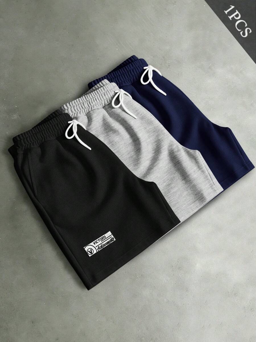PAVTROS Plus-Size Men's Solid-Colored Patchwork Drawstring Casual Shorts For Summer - Navy Blue - View 1