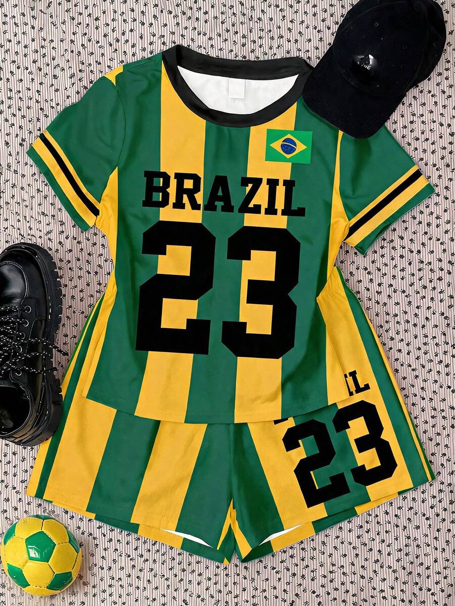 黃綠色拼色休閒運動都市風字母 BRAZIL 圖案對比滾邊,足球賽、返校季、Y2k、青少年女孩休閒極簡短袖上衣與短褲兩件套,適合夏季出遊、街頭風、居家、校園 - 彩色 - 查看 1