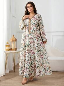 Al Najma 大尺碼女款V領綠色花卉印花休閒希賈布端莊派對杜拜度假婚禮阿拉伯長裙 - 彩色 - 查看 6