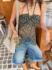 Tideelle 女款夏季時尚度假性感豹紋不對稱裹身下擺露背掛脖上衣 - 白色 - 查看 6
