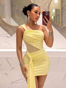 Slaydiva Elegant Sexy Summer Party Mini Dress - Yellow, Mesh Patchwork One Shoulder Ruffle Hem - Light Yellow - View 3