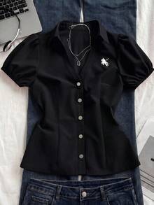 Sunspun 大尺碼暗黑風刺繡修身泡泡袖上衣 - 黑色 - 查看 1