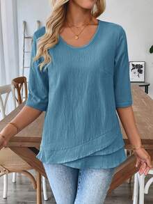 EMERY ROSE Women's V-Neck Hem Patchwork White Blouse,Summer Top - Teal Blue - View 3