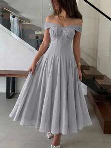 Feyla Women's Solid Color Pleated Off Shoulder Elegant Party Dress - Gray Blue - View 3