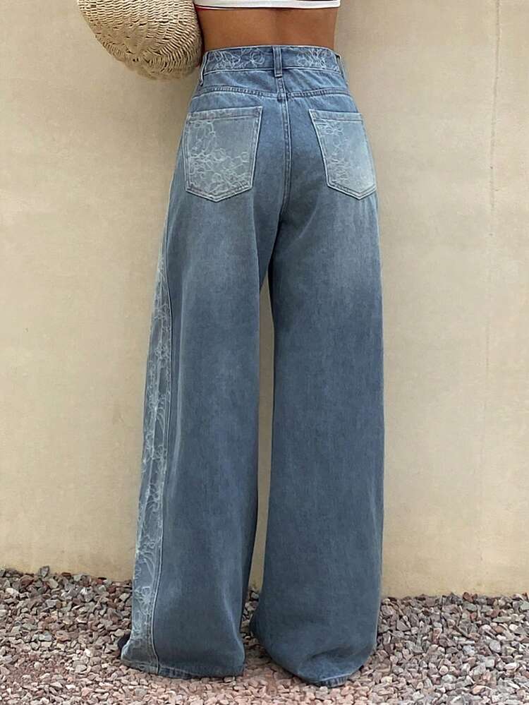 Women's Loose Fit Patchwork Floral Washed Denim Jeans, Spring & Summer