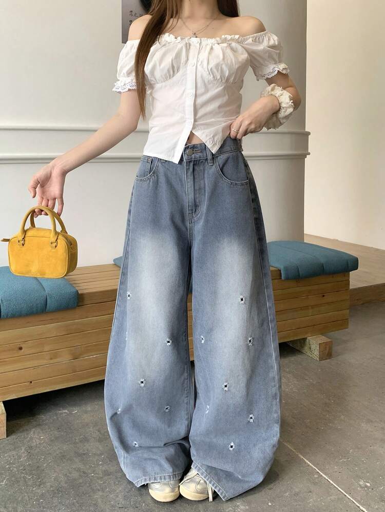 Women's Loose Fit Washed Distressed Casual Vintage Denim Jeans