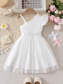 SHEIN Elladie kids 少女新款時尚白色3D珠飾花卉腰部收腰A字洋裝，單件，適合生日派對、聚會、夏季 - 白色 - 查看 3