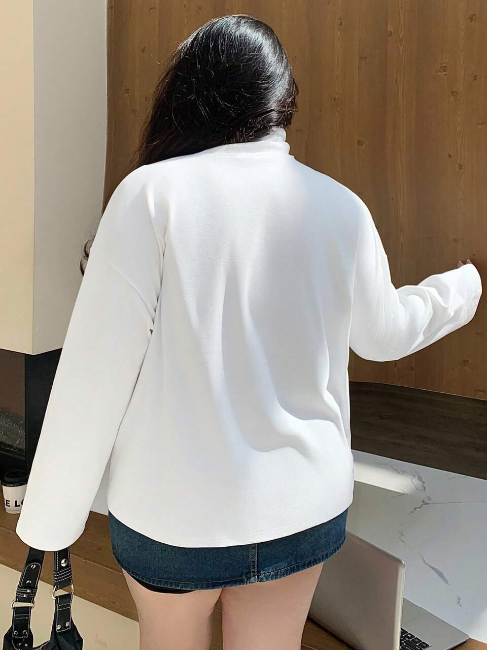 Dazy Plus Plus Size High Neck Loose Solid Color Base Tee, White, Spring/Summer/Autumn Long Sleeve Women Tops,Fall Women Clothes