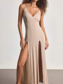 Ocili Spaghetti Strap Dress With Side Slit, Comfortable Rib Knit Loungewear Dress For Women - Khaki - View 2