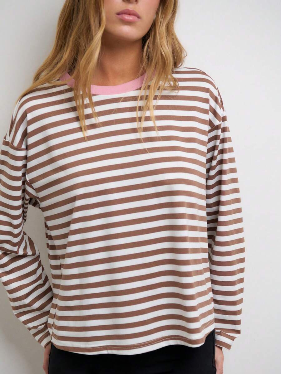 Nöista Relaxed Striped Long Sleeve Tee With Contrast Neckline. Fall, Casual, Layering, Everyday Style. - Olive Green - View 1