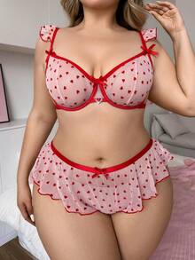 PetitDoll 大尺碼女款愛心印花內衣內褲套裝，休閒日常內著 - 粉色 - 查看 3