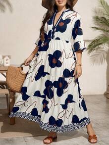 Comfylo Plus Size Floral Print Vacation Casual Boho Bohemian Dress Navy Blue Summer - Multicolor - View 7