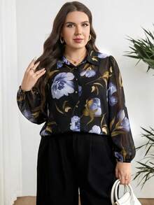 Modelyn 大尺碼女款花卉印花單排扣休閒百搭日常出遊襯衫 - 彩色 - 查看 4