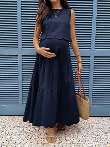 Boho Mama 孕婦度假休閒純色背心上衣與裙子兩件套 - 藏蓝色 - 查看 6