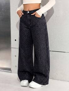 SHEIN Girls' Leopard Print Loose Wide Leg Denim Pants Vacation Festival Independence Day Leopard Print - Multicolor - View 8