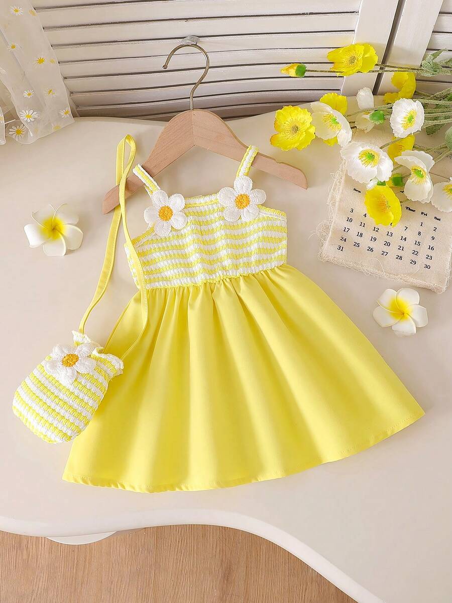 SHEIN Playful Pals Baby Girls Summer Orange & White Sweet Fresh Floral Decor Camisole Dress With Matching Small Crossbody Bag, Loose Skirt Fit, Suitable For Daily Outings, Casual Trips, Family Gatherings, Summer Picnics - Yellow - View 1