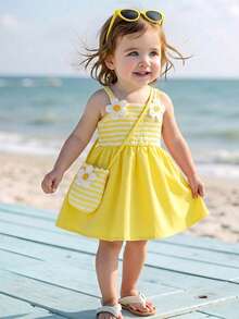 SHEIN Playful Pals Baby Girls Summer Orange & White Sweet Fresh Floral Decor Camisole Dress With Matching Small Crossbody Bag, Loose Skirt Fit, Suitable For Daily Outings, Casual Trips, Family Gatherings, Summer Picnics - Yellow - View 4