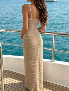 Sunnyshic Vestido de mujer con volantes en capas, jacquard, sin tirantes y con tirantes de espagueti - Caqui - Ver 2
