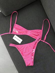 Swim Mod 女款夏季海灘極簡優雅浪漫休閒度假性感甜美可愛時尚泳衣套裝，百搭百搭粉色花卉印花、粉色條紋印花、雙面可翻轉印花，多種穿搭選擇，平口微比基尼，適合海灘、度假村、水療、蜜月及休閒度假場合 - 粉色 - 查看 4