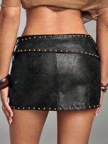 ROMWE Hippie Sexy Stylish Disco Siren Low Waist PU Rivet Decor Bodycon Mini Skirt Party Concert Brown And Gold Winter - Black - View 5