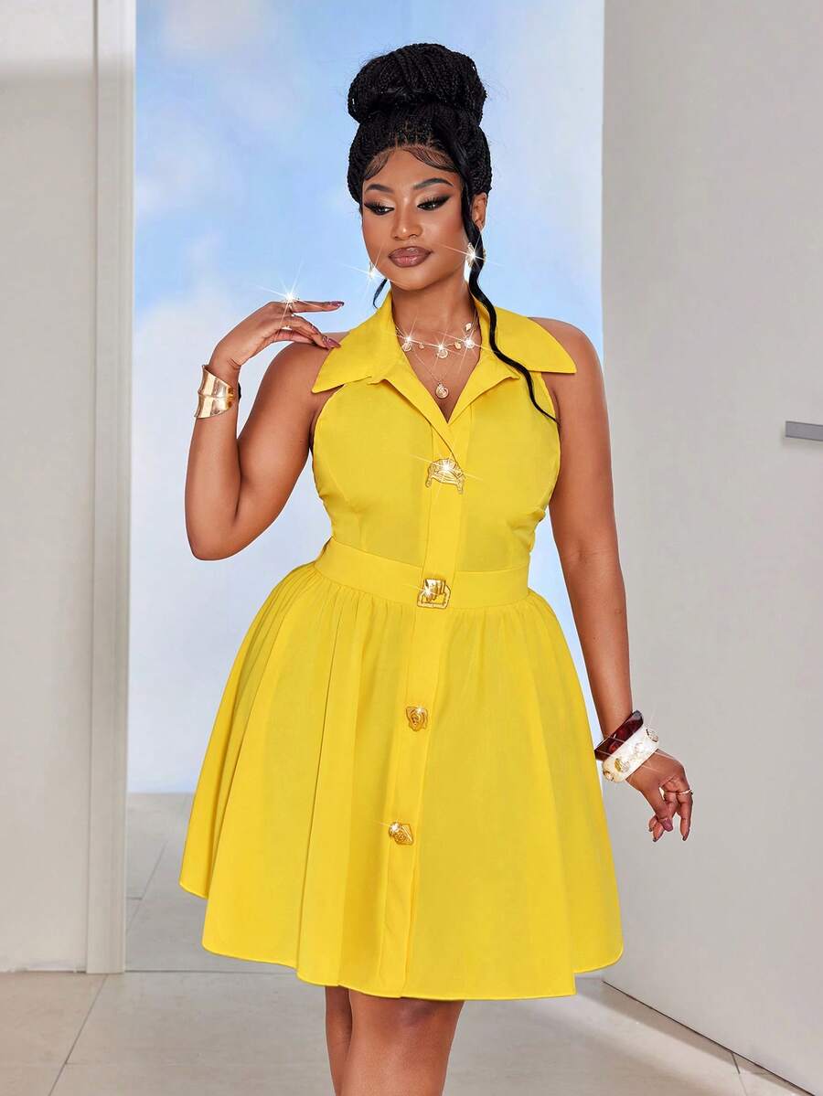 Maweii Women's Sleeveless Waist Cinched Collared Metal Decor Short Plus Size Dress, Suitable For Party, Casual, And Vacation Wear - Yellow - View 1