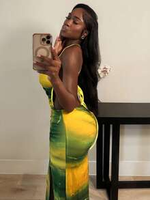 SHEIN BamGlam Women's Spaghetti Strap Backless High Slit Casual Tie Dye Dress - Multicolor - View 7