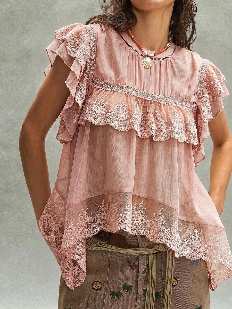 Bohemela 女款夏季浪漫度假法式波西米亞音樂節刺繡荷葉邊蕾絲拼接上衣,隨性休閒風格,自在放鬆穿搭,女裝,沙灘,夏季度假 - 粉色 - 查看 1