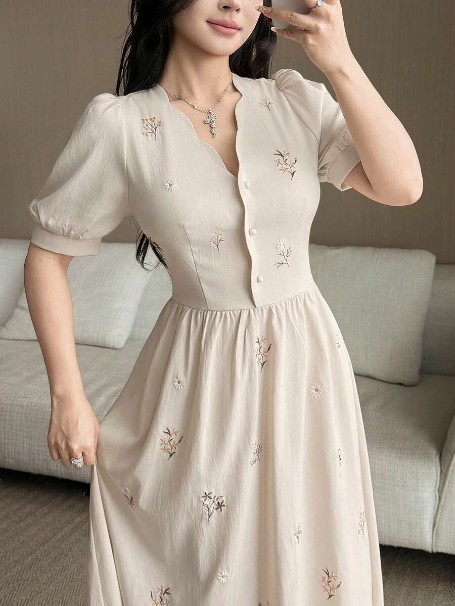 Feyla 女款花卉印花短泡泡袖優雅長洋裝