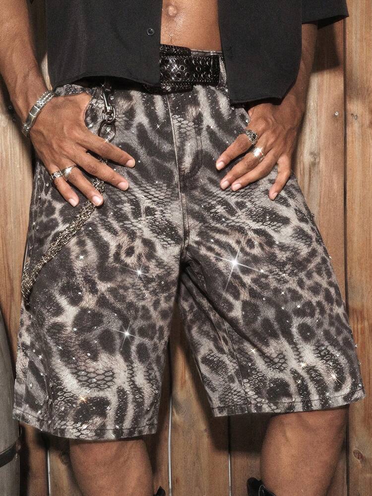 AXEPEAK Men's Summer Fashion Animal Print Denim Shorts - Brown - View 1