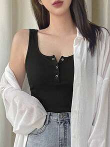 DAZY 女款夏季休閒百搭素色背心上衣 - 黑色 - 查看 6
