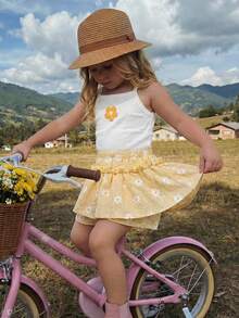 Emery Rose Kids Emery Rose Kids 少女 3D 花朵裝飾細肩帶上衣與格紋裙褲可愛套裝 - 黃色 - 查看 5