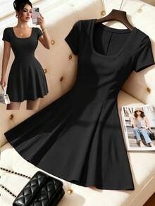 Elenzga Women's Summer Casual Solid Color Waist-Defining Dress - Black - View 2