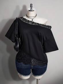 SHEIN ICON Plus Size Y2K Vintage Asymmetric Shoulder Lace Patchwork Loose T-Shirt - Black - View 1
