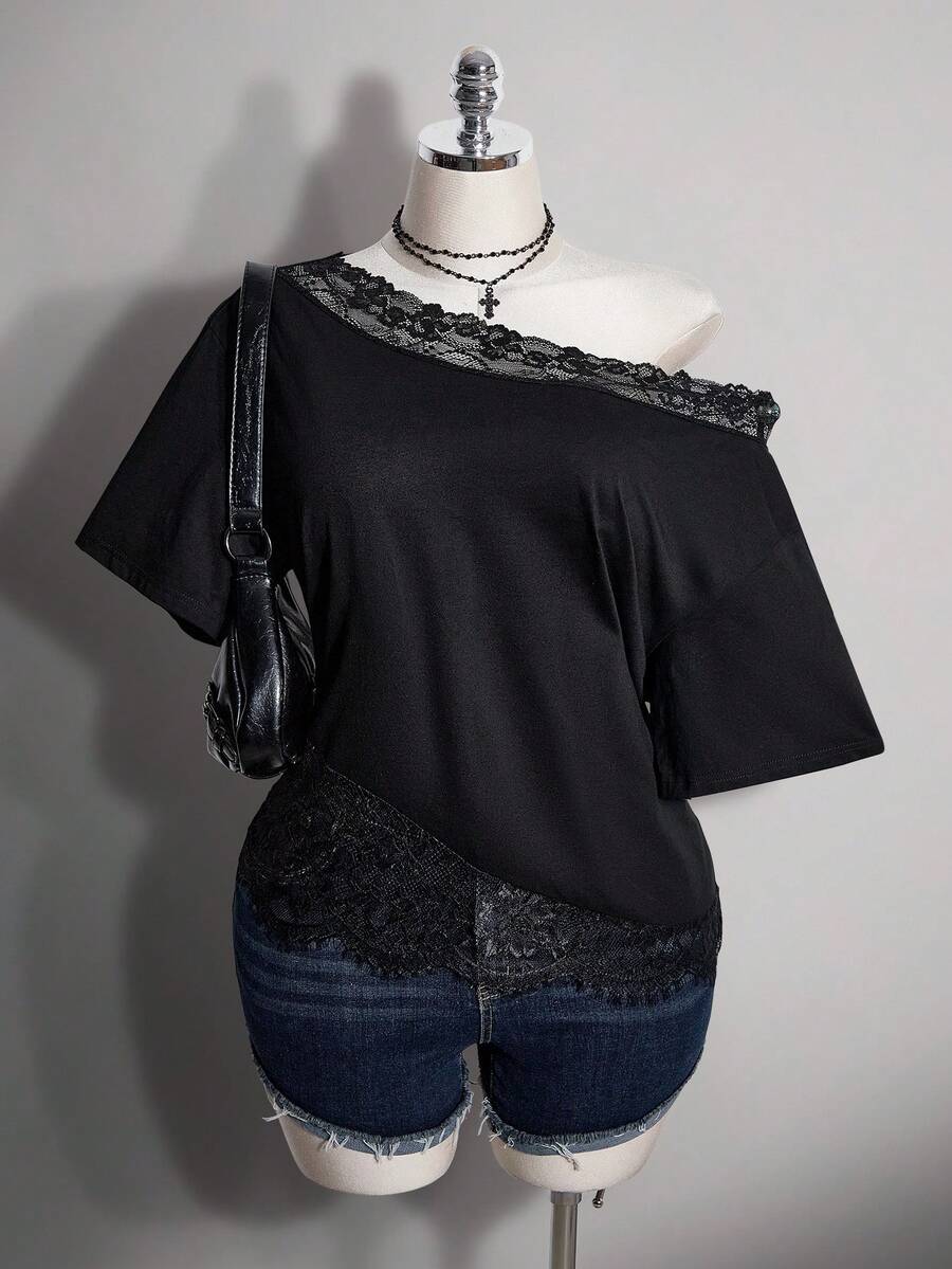 SHEIN ICON Plus Size Y2K Vintage Asymmetric Shoulder Lace Patchwork Loose T-Shirt - Black - View 1
