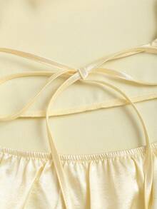 Sweetra Women's New Fashion Versatile Cream Satin Glossy Halter Neck Deep V Pleated Cinched Waist Backless High-End Short Dress - Light Yellow - View 6