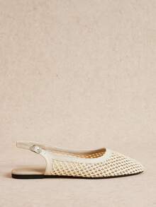 Rosivie Zapatos de mujer blancos tejidos con tira trasera hueca, zapatos de verano transpirables con punta cuadrada, suela plana y empeine bajo de estilo retro - Blanco tejido - Ver 2