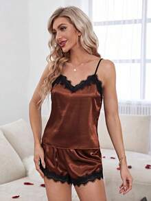 SilkySpell Women's Contrast Lace Camisole Tank Top And Shorts Loungewear Set - Ginger - View 3