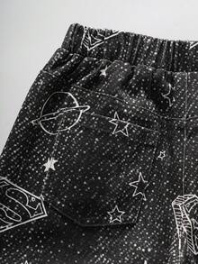 SUPERMAN X SHEIN Young Boy Geometric Pattern Patch Pocket Wide Leg Casual Denim Jeans - Black - View 3