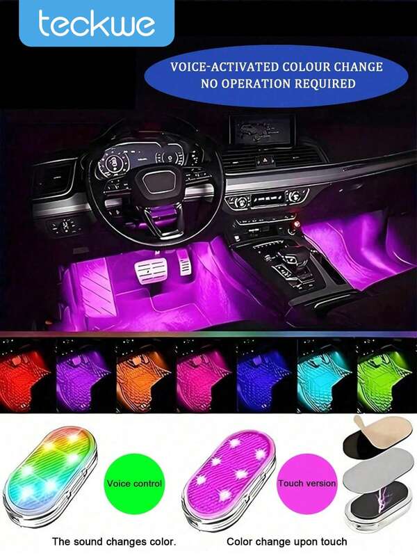 Teckwe 7-Color Magnetic Car Interior Atmosphere Lights Wireless, Mini USB C Rechargeable Car LED Lights, Interior With 6 Bright LED Beads Car Audio Control Lights Are Suitable For Car Decoration, Home Life, Party Decoration Night Lights.