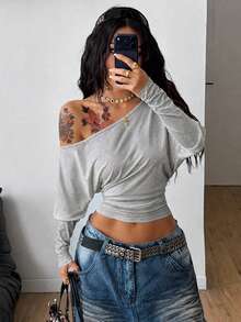 Coolane Women's Autumn Minimalist Y2K Basic Daily Wear Casual Vintage Streetwear Stretchy Light Grey Loose Asymmetrical Neck Long Sleeve Ruched Crop Tees Top - Light Grey - View 2