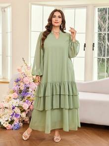 Al Najma Gaun Arab Wanita Ukuran Besar, Lengan Lentera, Longgar, Berkerut, Bahan Chiffon, Elegan, Romantis, Warna Polos, Musim Semi/Panas - Hijau - View 3