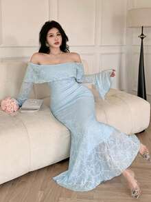 Modelyn Robe de soirée élégante et sophistiquée style dame, bandeau tube, tricot jacquard, manches évasées, coupe slim, robe grande taille pour femmes - Bleu azur - Voir 5
