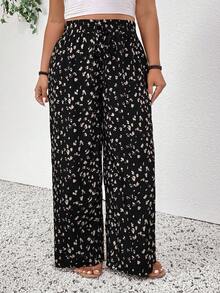 SHEIN PETITE CURVE 大码女式高腰系带印花休闲阔腿裤，夏季 - 黑色 - 查看 4
