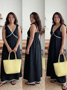 Enliva Plus-Size Women's Sleeveless Color Block Midi Dress Chic Summer Vacation Casual, For Apple And Rounded Body Shape - Black - View 3