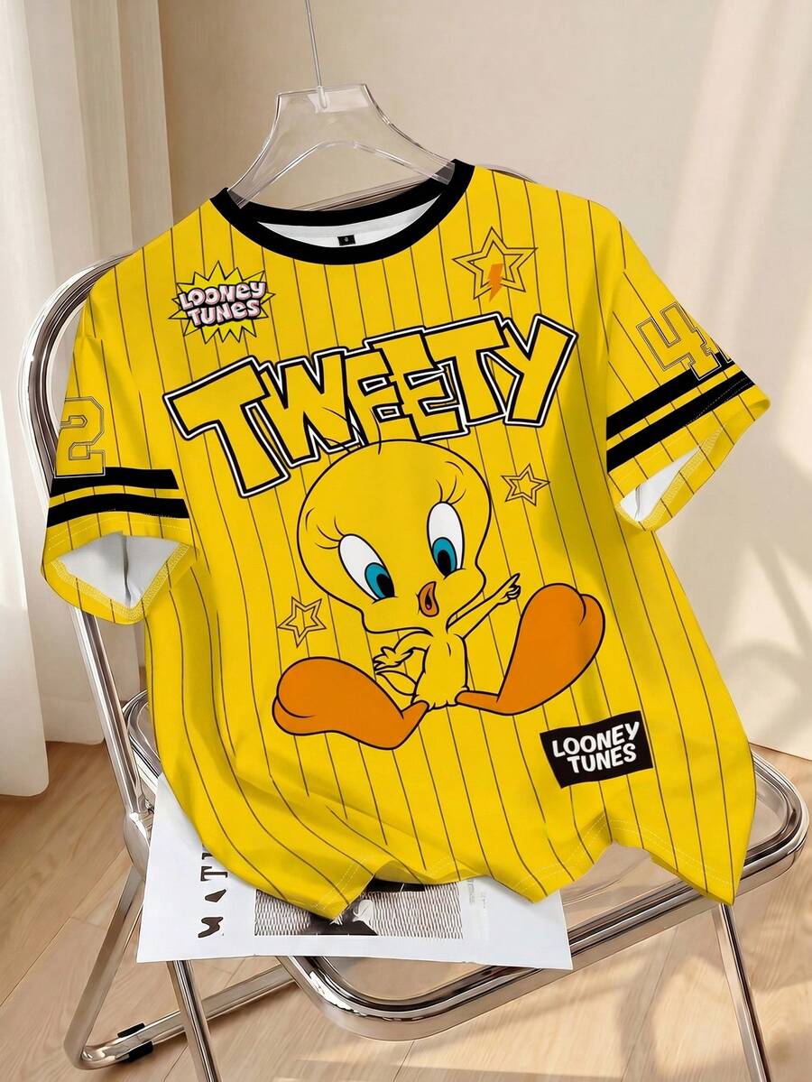 LOONEY TUNES X SHEIN Women's Casual Fashion Street Sporty Cartoon Letter Striped Pattern Contrast Trim Short Sleeve T-Shirt, Summer Cute Tops Y2k Cartoon Shirts Shirts Y2k Jersey Y2k Streetwear - White - View 1