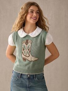 WESTFADE Cowboy Boot Contrast Stitch Sweater Vest Top, Country Style For Women - Green - View 5