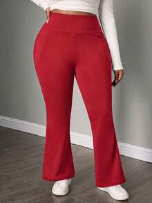SHEIN PETITE CURVE 大尺碼女款秋冬開學季休閒居家瑜伽舒適戶外純黑色針織彈性腰高腰口袋喇叭褲，附口袋內搭褲 - 紅色 - 查看 5