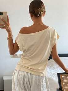 DAZY Striped Off-Shoulder Ruched Bodycon Short Sleeve T-Shirt For Women Summer - Yellow - View 2