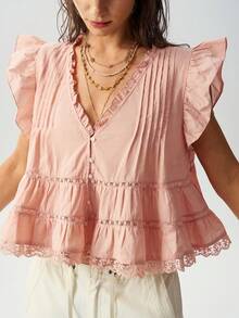 Bohemela Women's Summer Pink Woven Babydoll V-Neck Blouse,Ruffle + Lace Patchwork,Beach/Vacation/Festival/Party,Juneteenth,World Cup - Baby Pink - View 4
